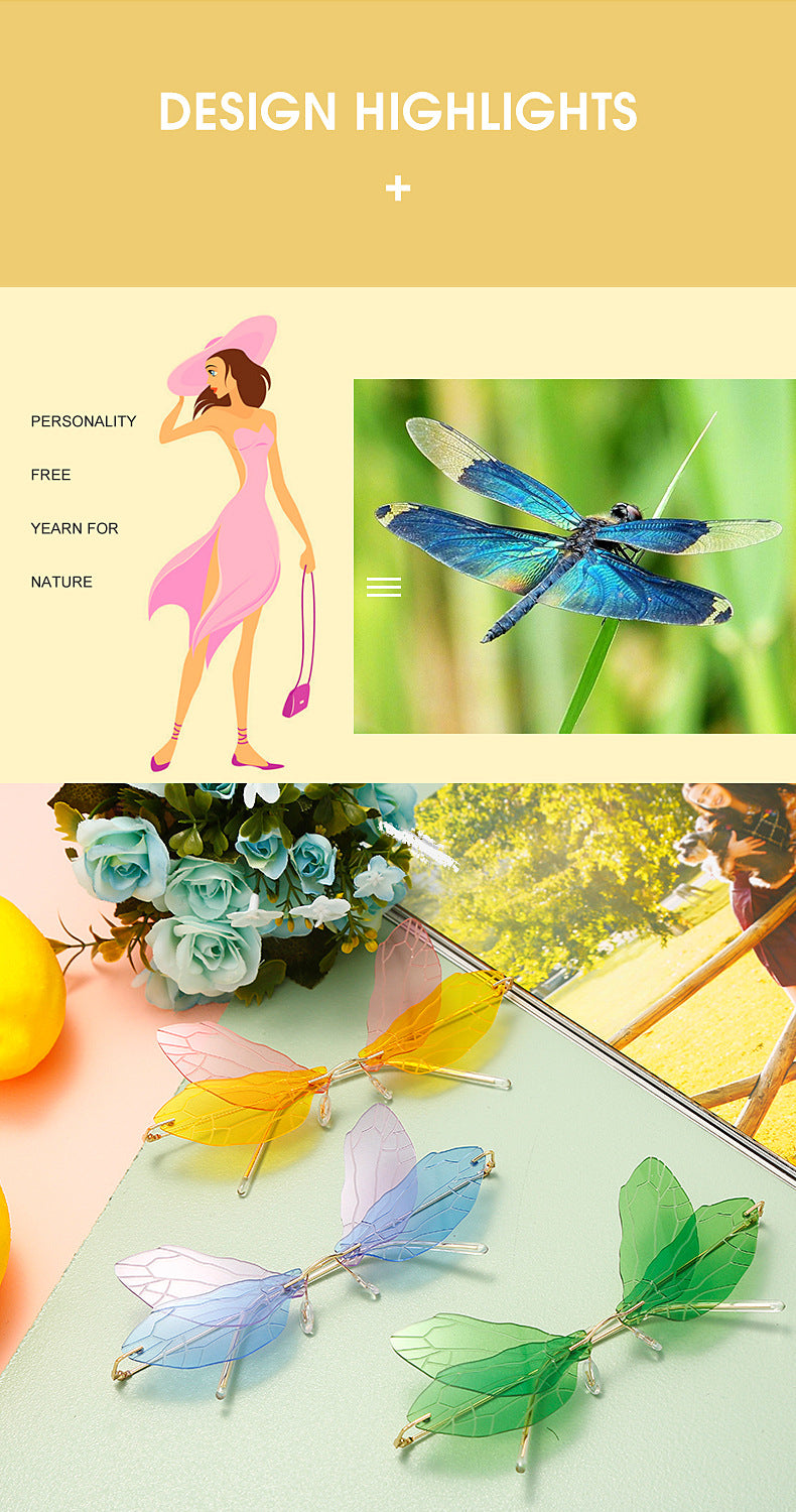 Dragonfly Sunglasses for Women, Stylish Wing Design, Fashionable Double Lens Party Dance Frameless Sunglasses