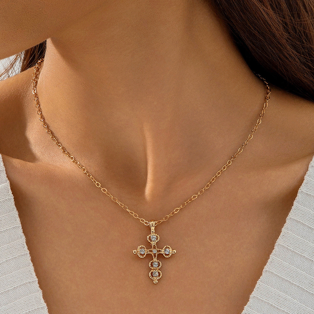 European and American Retro Hollow Diamond Cross Pendant Necklace Gothic Style Black Layered Wear Y Type Necklace