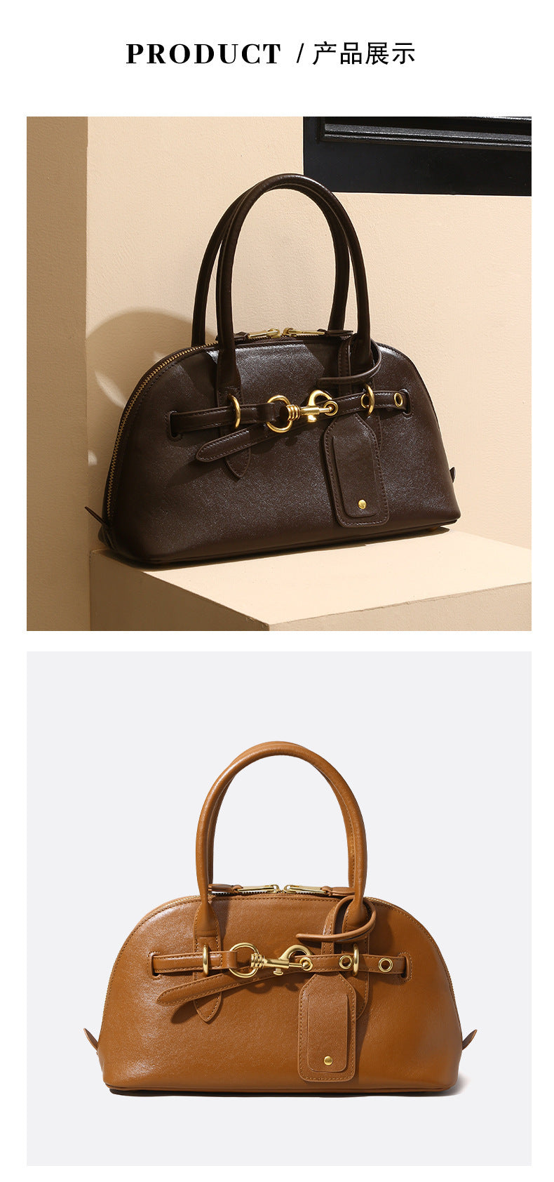 Miaojia Same Style European and American Retro Handbag Female Sense Top Layer Cowhide Crossbody Shell Bag Niche Boston Bag