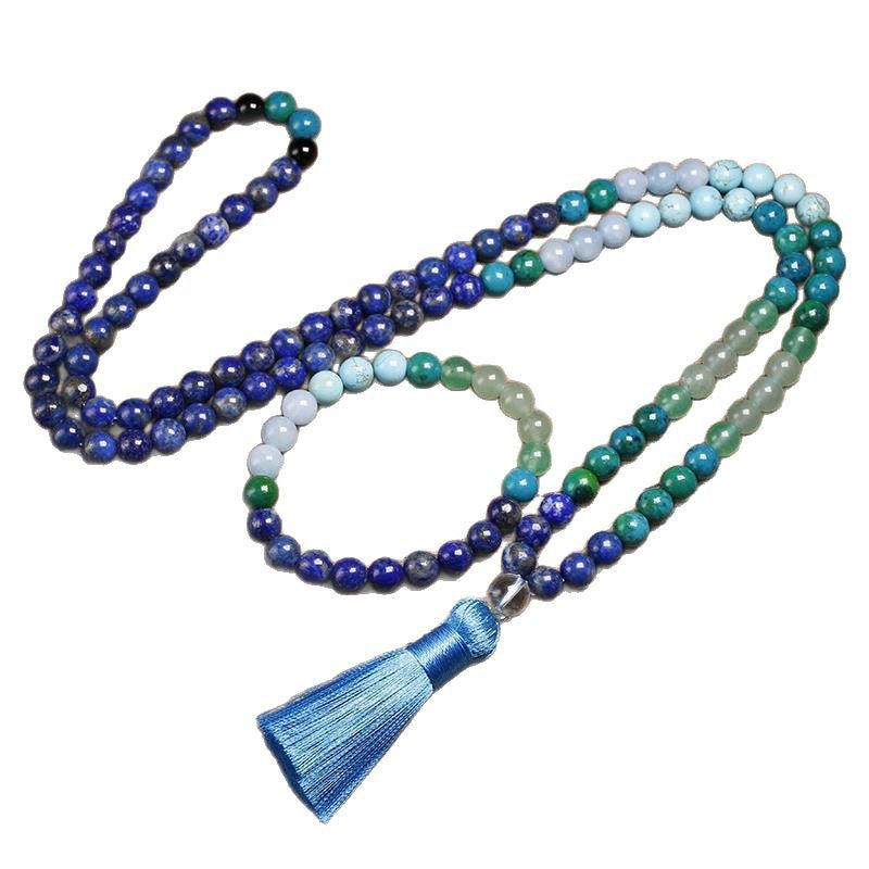 Men's Lapis Lazuli Bracelet Set108Tassel Pendant Elastic Cord Natural Stone Beaded Tiger Eye Stone Long Bracelet