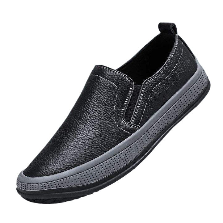 2025Spring Leather Casual Dad Shoes Round Toe Slip-On Leather Shoes Soft Sole Soft Surface Non-Slip Wear-Resistant Men's Shoes