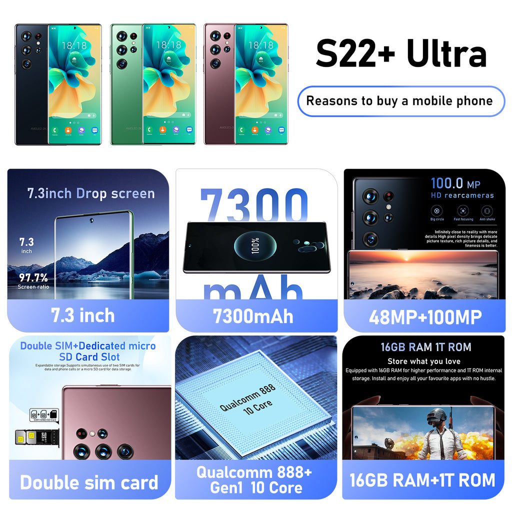16+1T Mobile Phone S22+Ultra True4G Android True7.3Large Screen800Wan Intelligent Full Screen