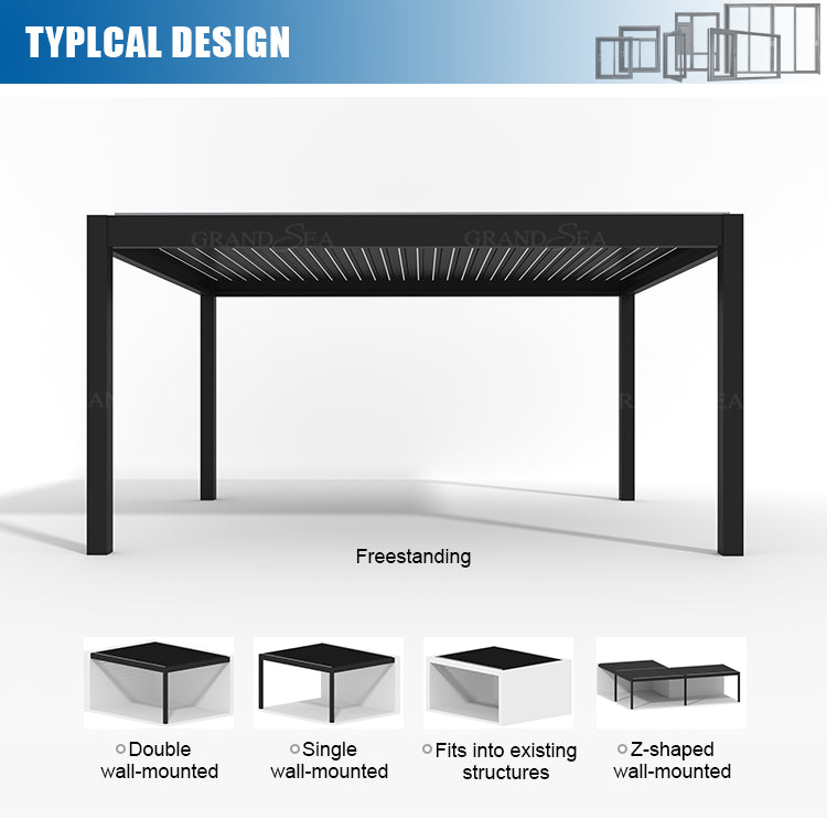 Outdoor Garden Motorized Louvered Roof System Bioclimatic Pergola Outdoor Aluminum Pergola With Sliding Glass Door and Louvered