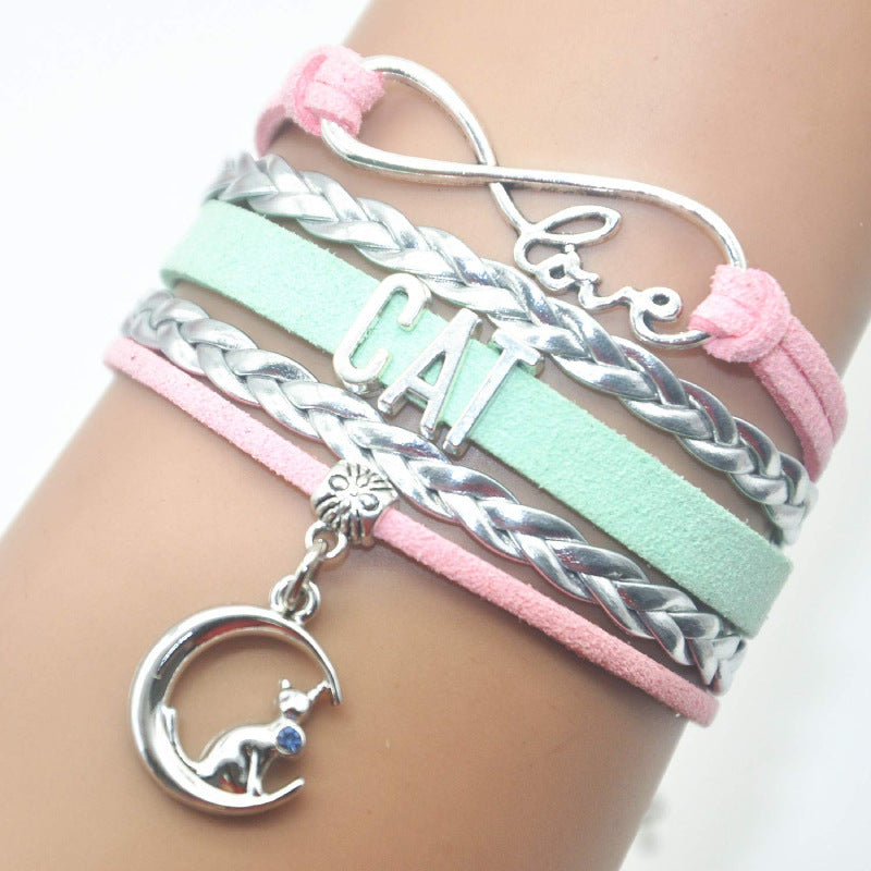 Multi-layer Hand-woven Bracelet for Women Gift with Rhinestone Little Cat CAT Letter Bracelet Moon Cat Braided Bracelet
