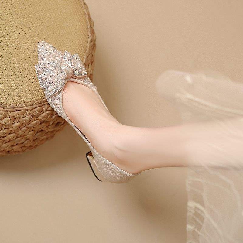 French high heels thick heel bowknot single shoes for women in summer2025New style rhinestone shiny women's shoes, two-way wear