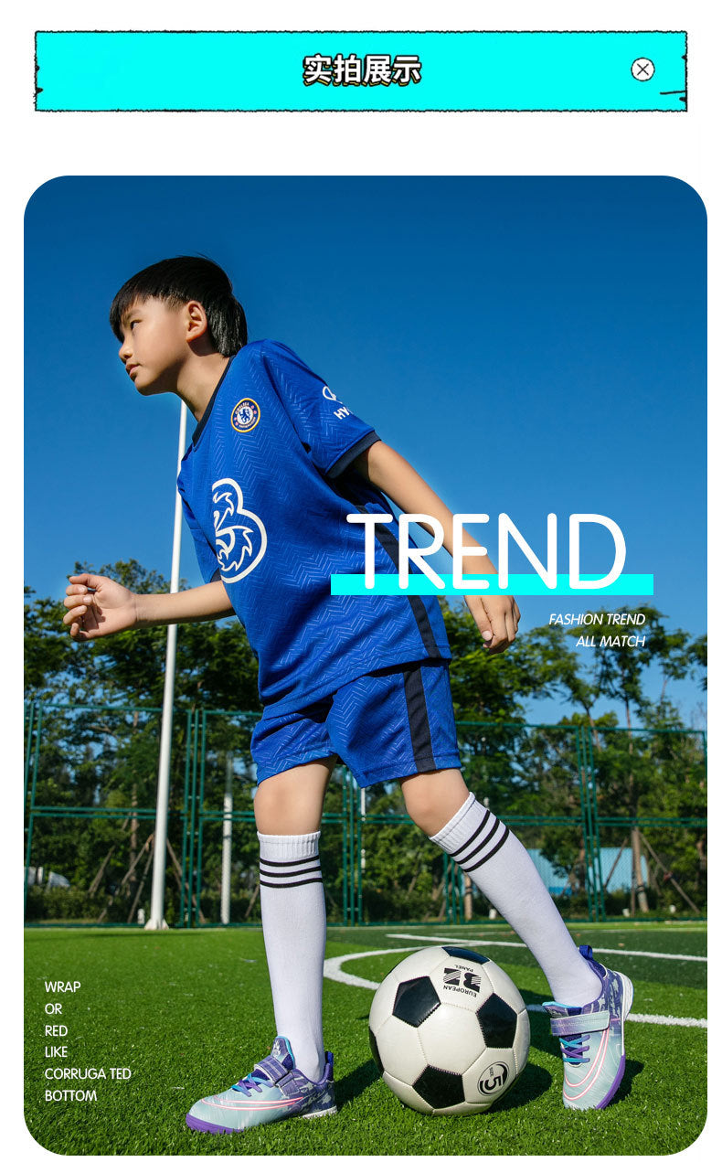 New Football Shoes for Men, Women, and Children, Imitation Leather Low-Top Anti-Collision Spike Magic Tape Grass Training Sports Shoes