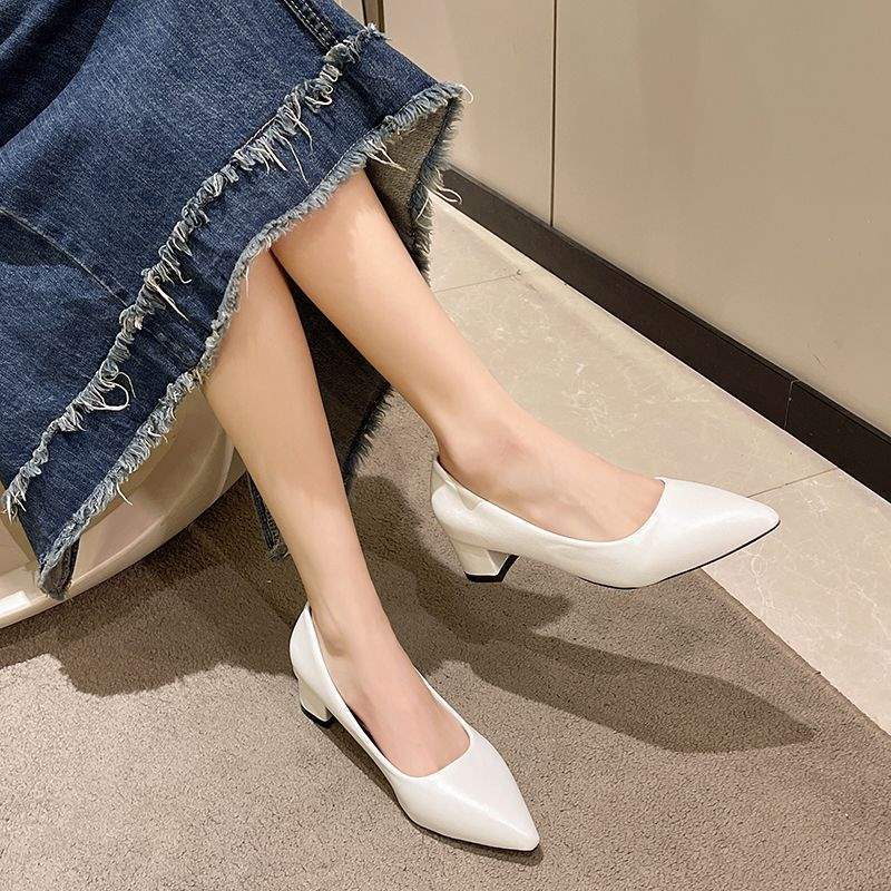 Etiquette Black Large Size High Heels Shallow Mouth Pointed Toe Non-Chafing Single Shoes Women Chunky Heel Professional Versatile Mid-Heel Work Shoes