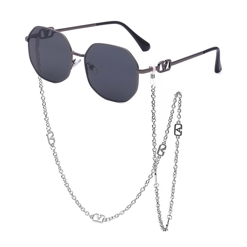 Chain Sunglasses for Women, Internet Celebrity Style, Anti-Drop Chain, Irregular Polygonal Full Frame Sunglasses for Women, Trendy