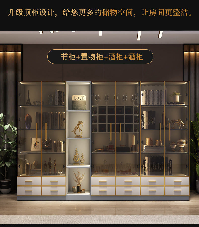 Modern Light Luxury Bookshelf Paint-Free Board Aluminum Alloy Glass Door Combination Bookshelf Wine Cabinet Simple Floor Storage Cabinet Integrated