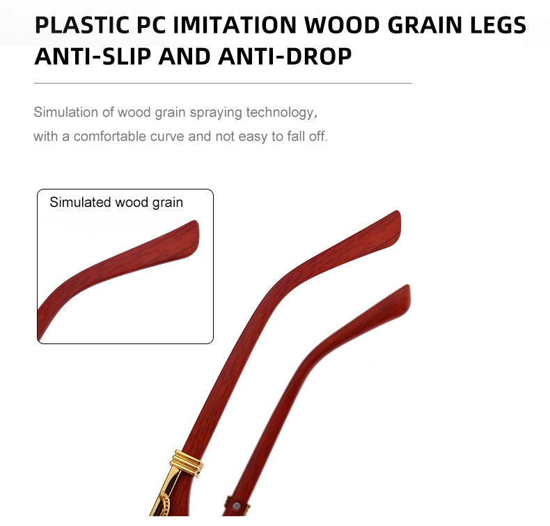New European and American Retro Frameless Sunglasses for Men with Imitation Wood Grain Temples Wholesale Glasses shades