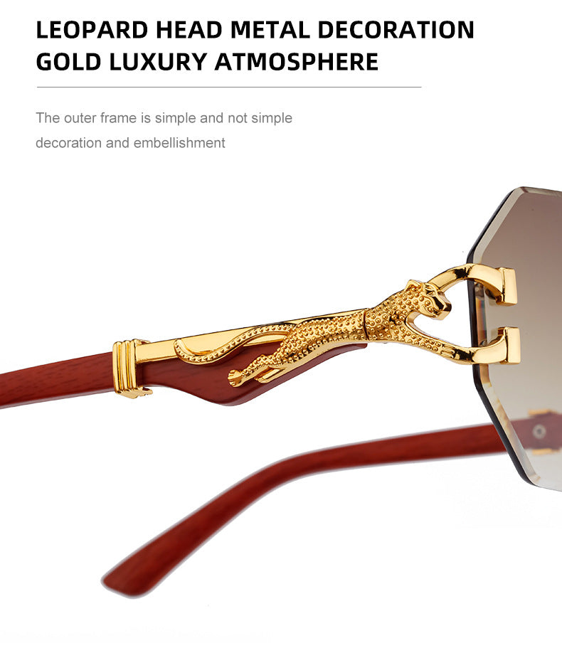 New European and American Retro Frameless Sunglasses for Men with Imitation Wood Grain Temples Wholesale Glasses shades