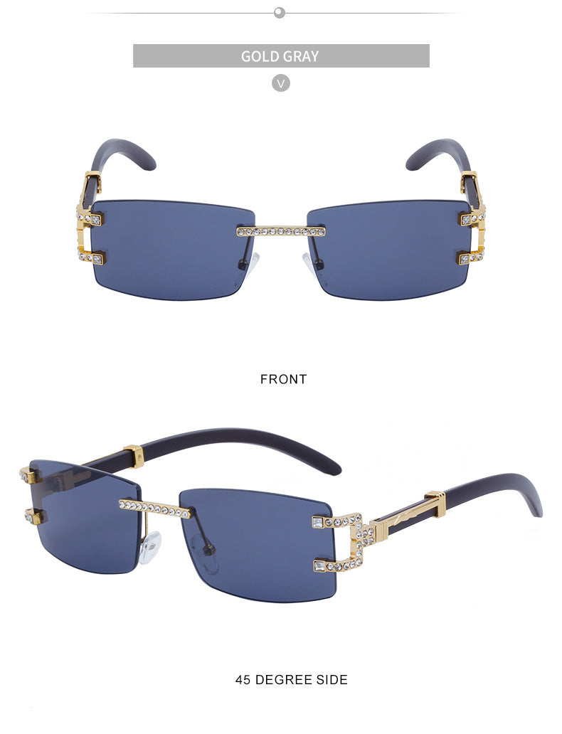 Imitation Wood Grain Leg Retro Sunglasses for Men Fashion Trend Diamond-Studded Rimless Sunglasses Men's Sun Protection Square Frame Glasses Street Style
