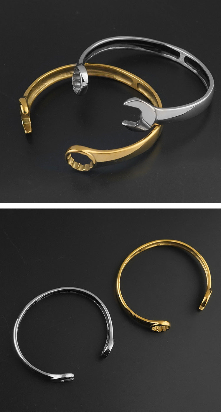 New Titanium Steel Fashion Personality Trendy Cool Men's Personality Open Stainless Steel Wrench Bracelet Factory Direct Sale