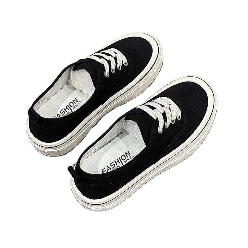 Black canvas shoes for female students Korean style new sneakers2025Spring Japanese Style Thick-Soled Casual Dopamine White Sneakers