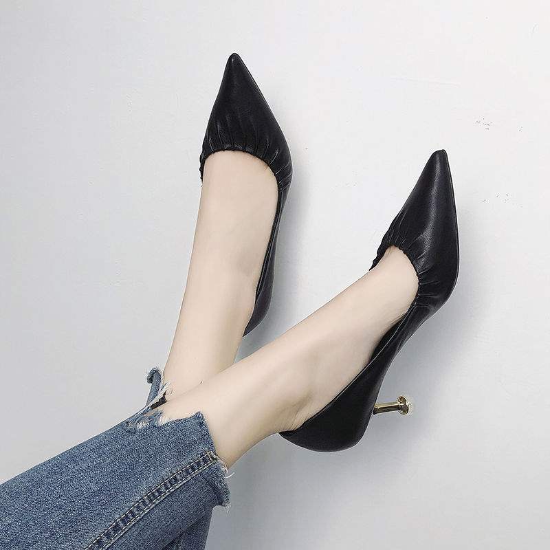 Women's High Heels2025New European Style Thin Heel Mid Heel Pointed Toe Fashion Chanel Style Single Shoes Work Leather Shoes for Women