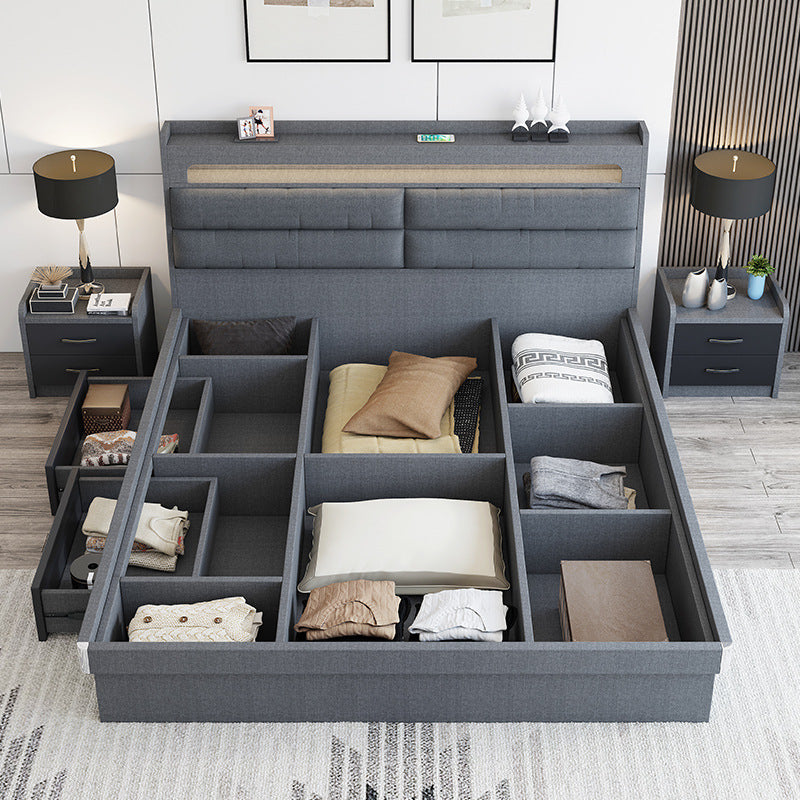 Technology Cloth Bed1.8Small Apartment Bedroom Double Bed Gray High Box Storage Bed with Technology Fabric Wear-Resistant Bed