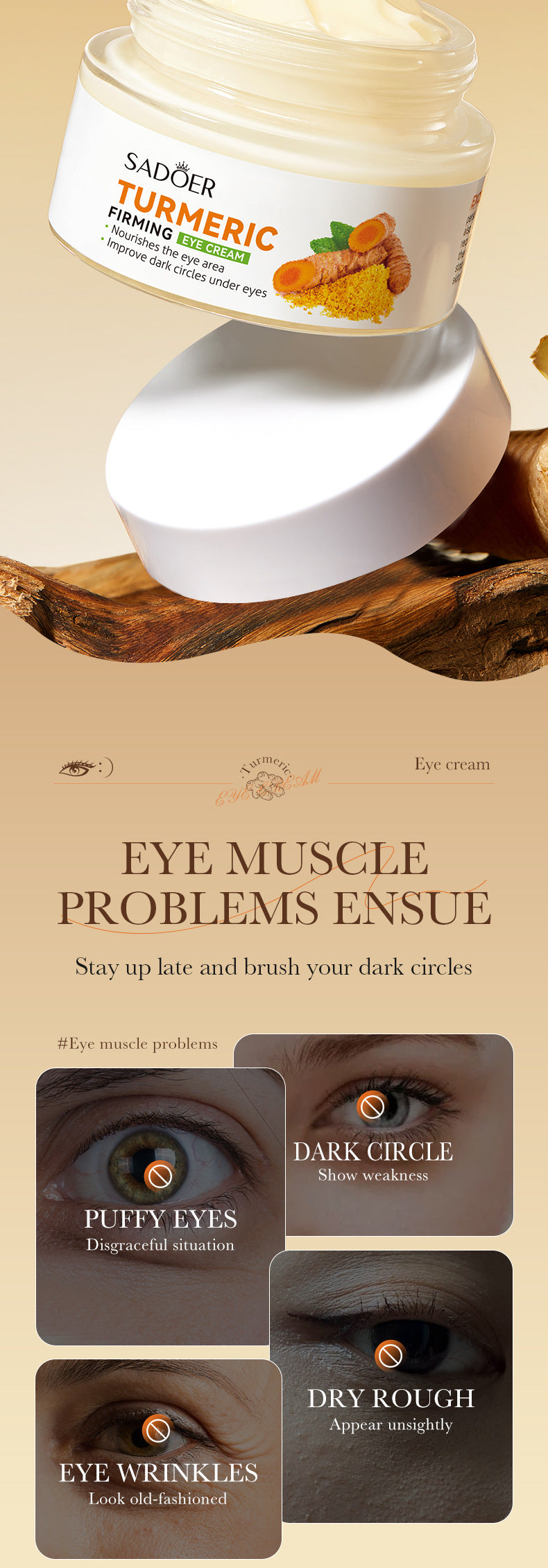 Full English Turmeric Eye Cream SADOER Moisturize and Improve Dark Circles, Eye Lines, Eye Bags,  Wholesale