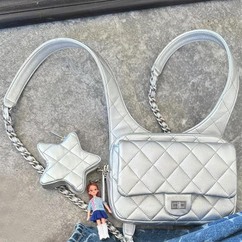 Internet Celebrity Same Style Fashion Versatile Small Chanel Style Diamond Double Shoulder Women's Bag Fashionable Backpack Japanese and Korean Style Women's Bag New Trendy
