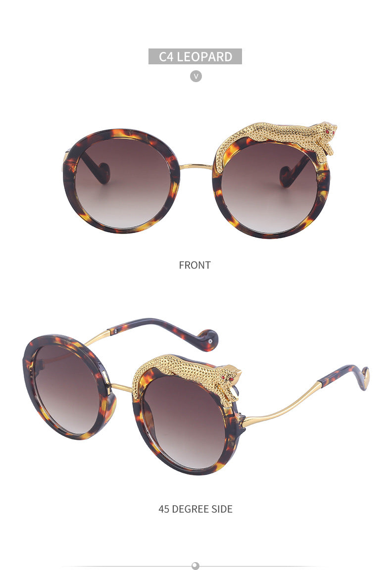 2025New Anti-Blue Light Glasses for Women Leopard Head Diamond-Studded European and American Round Frame Sunglasses Trendy Large Frame Sunglasses High-End Feel