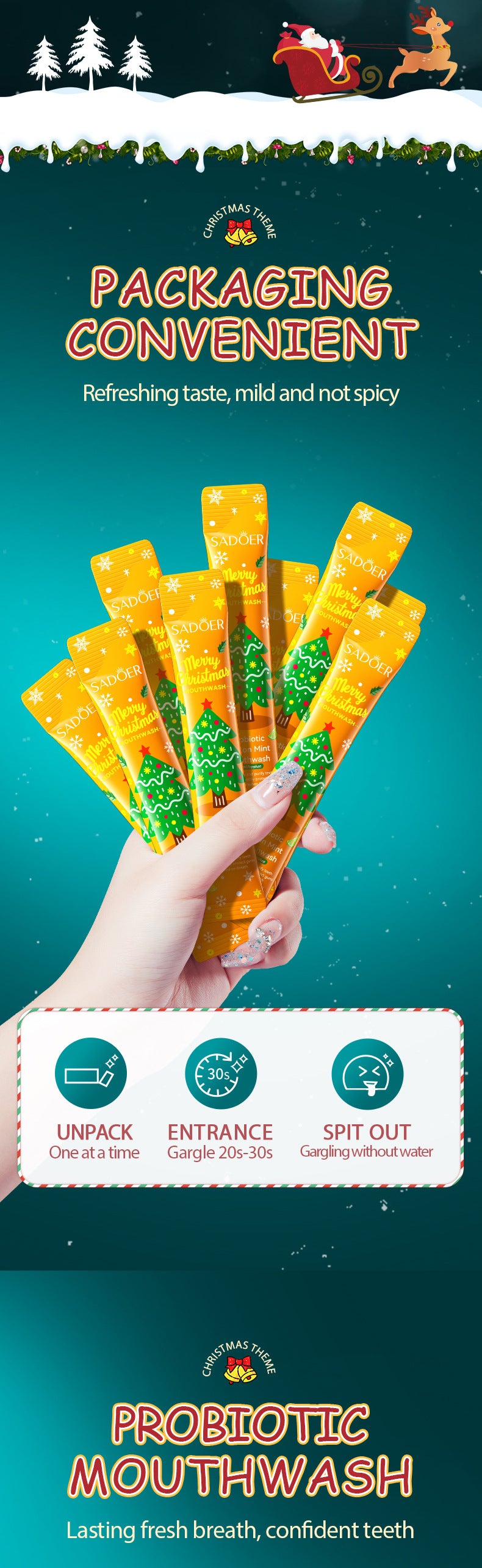 Cross-border Christmas Probiotic Mouthwash Strips10ml  SADOER Green Lemon Mint Export Manufacturer Wholesale