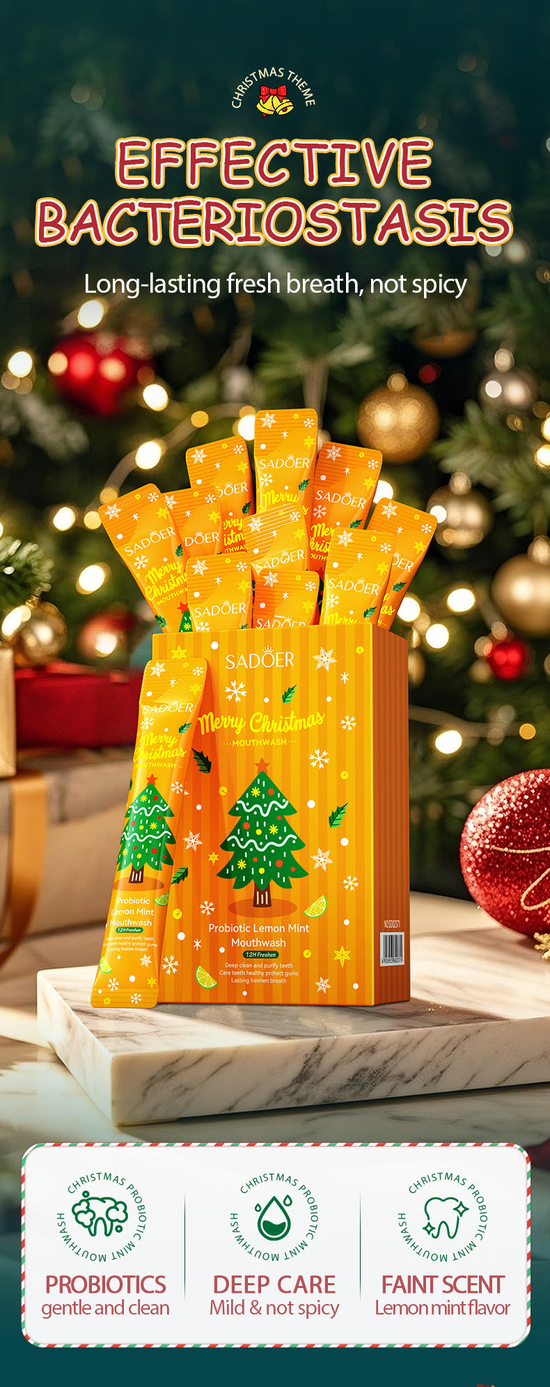 Cross-border Christmas Probiotic Mouthwash Strips10ml  SADOER Green Lemon Mint Export Manufacturer Wholesale