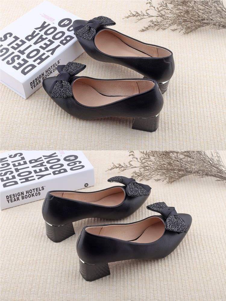 2025Spring Korean Style New Shallow Mouth Chunky Heel Youth French High Heels Fashionable Bowknot Elegant Single Shoes