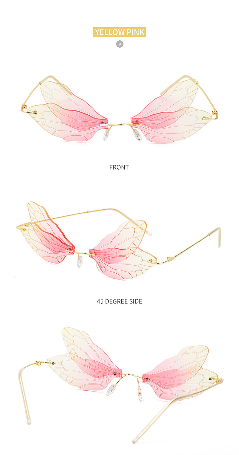 Dragonfly Sunglasses for Women, Stylish Wing Design, Fashionable Double Lens Party Dance Frameless Sunglasses