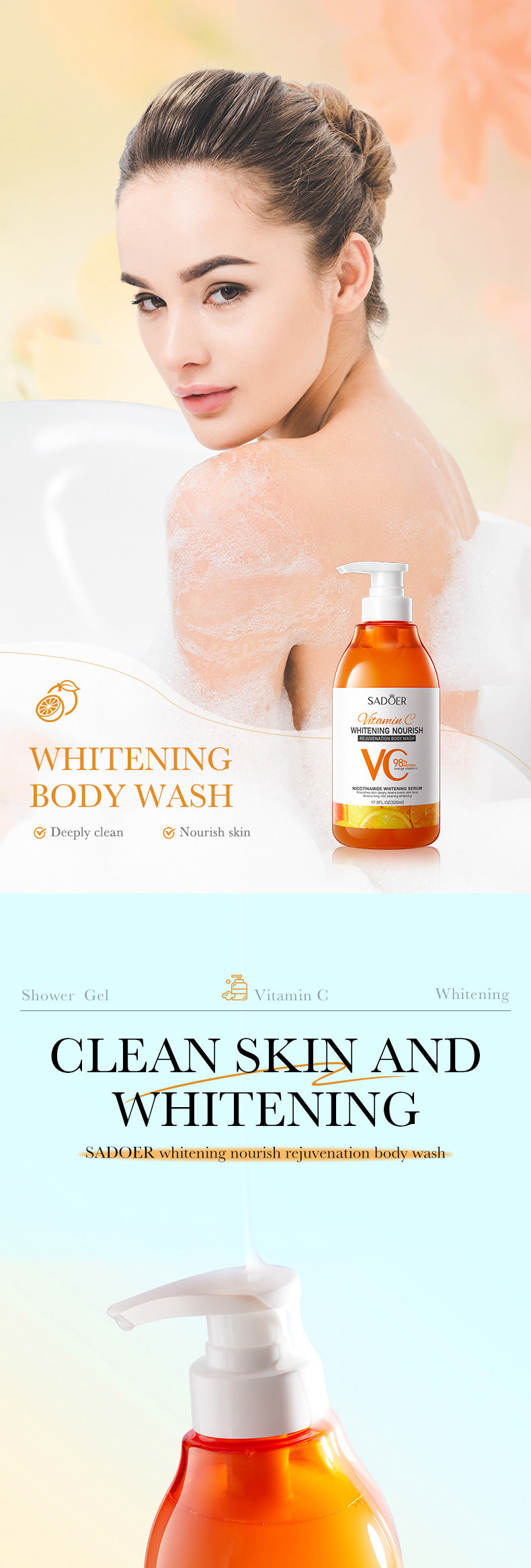 All English Vitamins C Shower Gel520g SADOER Whitening, Moisturizing and Cleansing Body Wash  Foreign Trade Wholesale