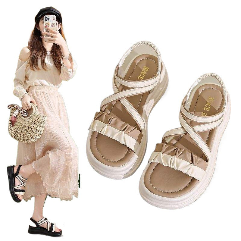 Waterproof Platform Roman Sandals for Women, Breathable Non-Slip Thick Sole Women's Shoes, Student Outdoor Casual Versatile Elastic Strap Beach Shoes