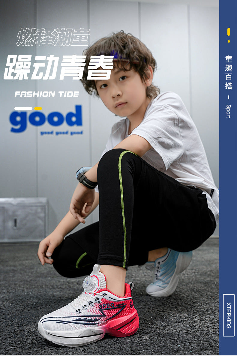 2025New Mesh Breathable Rotating Button Children's Shoes Student Training Running Shoes Red Rabbit Children's Mandarin Duck Sports Shoes