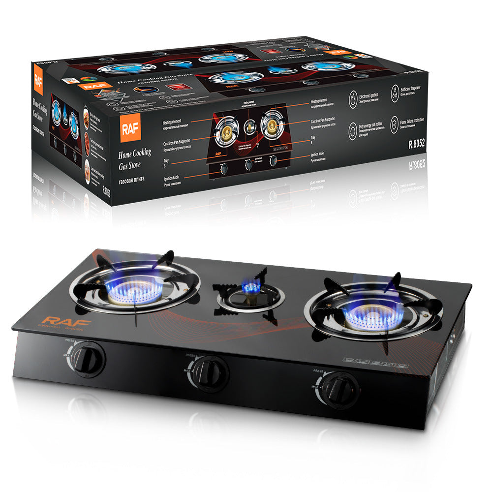 RAF Tabletop Flameout Protection Glass Rotating Fire Intense Gas Stove Three Burners Household Liquefied Gas Stove R.8052