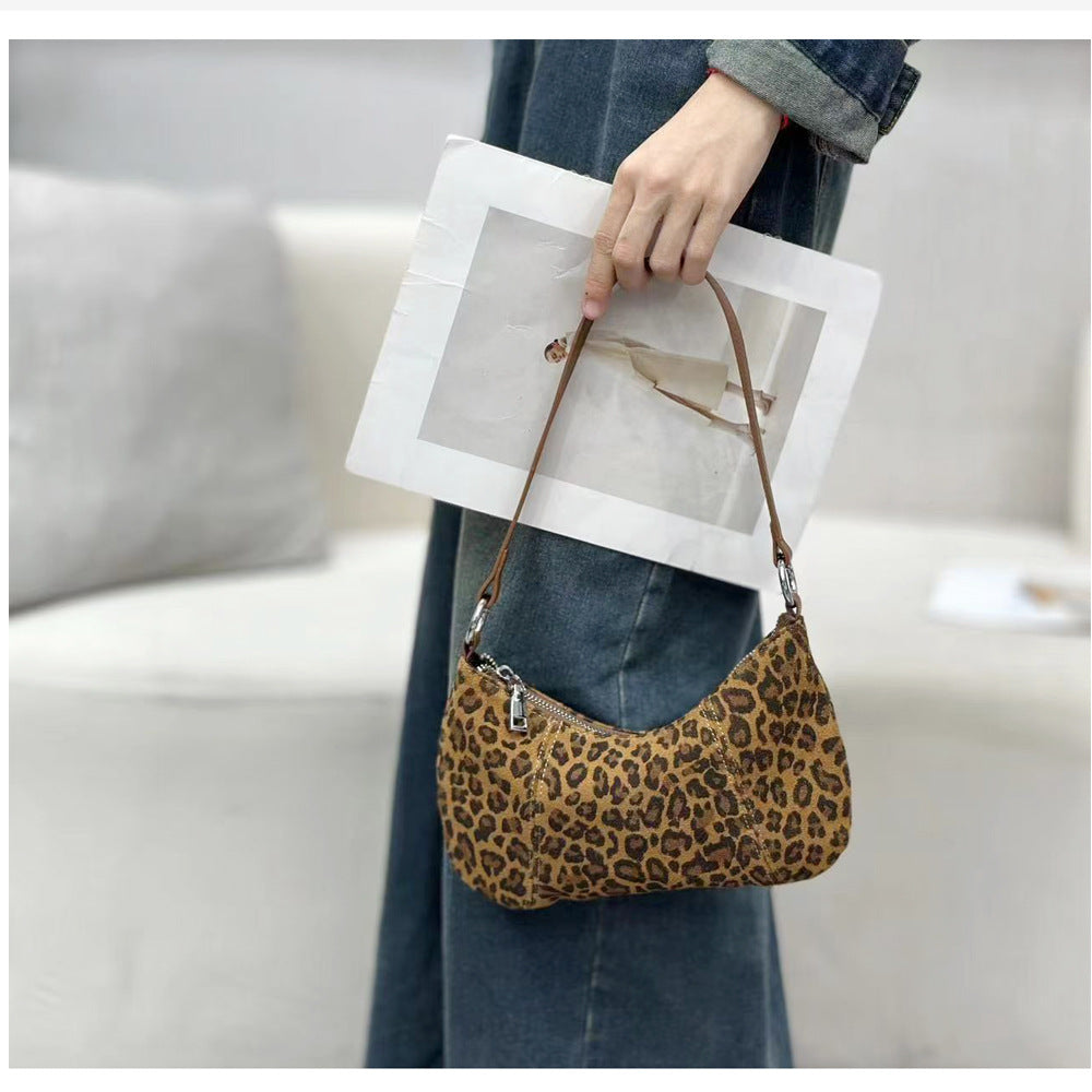 Autumn and winter niche leopard print underarm bag2025New Matte Top Layer Cowhide Single Shoulder Crossbody Bag Handheld Small Bag