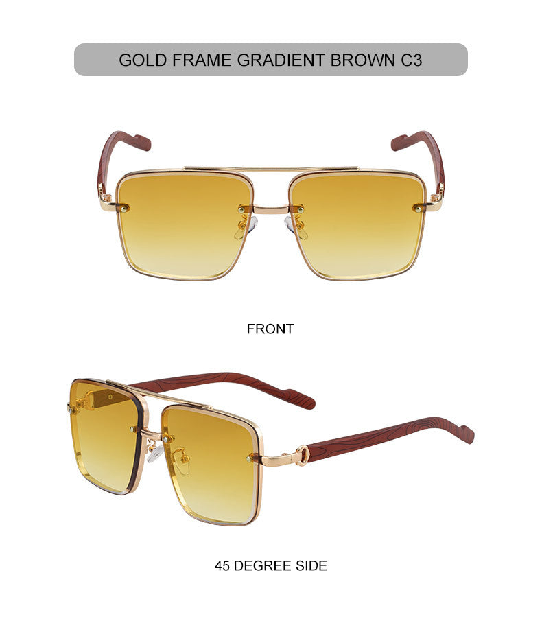 2025New European and American Fashion Square Frame Sunglasses for Men Retro Imitation Wood Grain Temple Double Bridge Sun Protection Sunglasses for Men