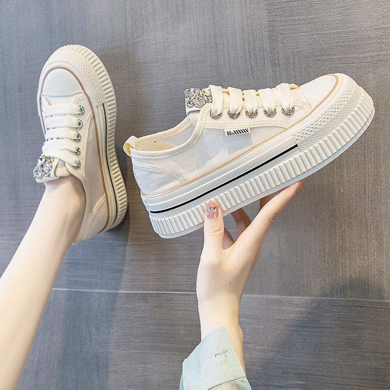 Korean style mesh breathable thick-soled white sneakers for women2025Summer new thin versatile rhinestone sports casual sneakers