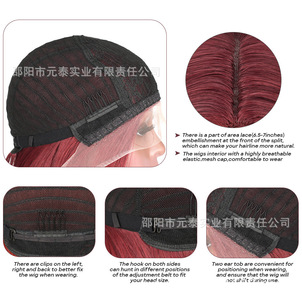 Front Lace13*4Wig in burgundy color28Inch Long Straight Hair Synthetic Fiber Headband Hot Sale wigs High-Temperature Wig with Side Bangs