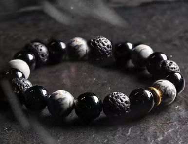 Blue Tiger Eye Stone Bracelet Single Circle Natural Stone Beaded Bracelet Volcanic Stone White Pine Chicken Wing Wood Long Bracelet