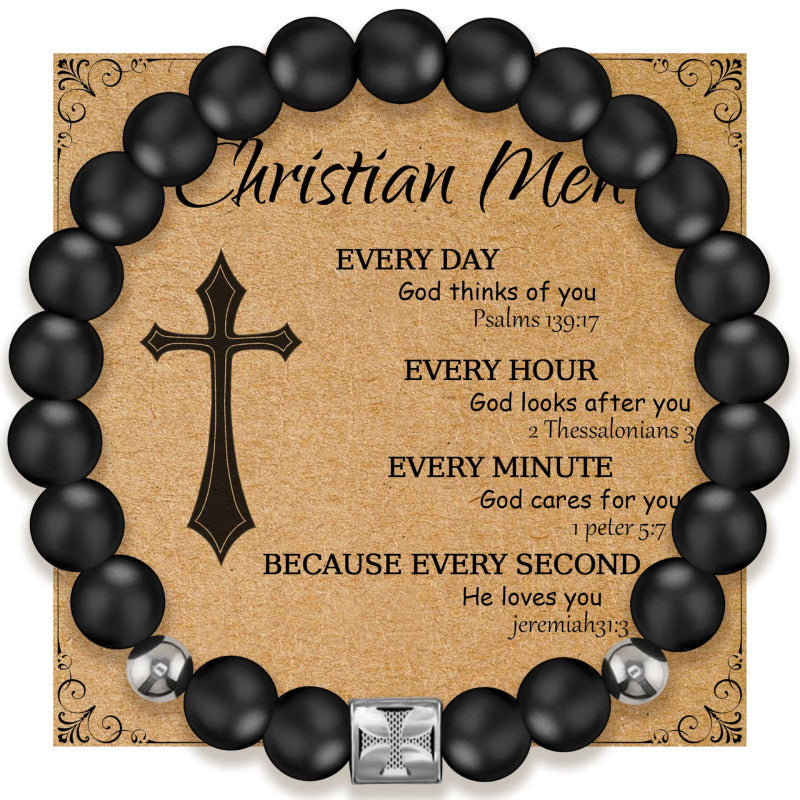 Men's Cross Bracelet Natural Stone8mm Beaded Bracelet Card Cross Spacer Black Matte Bracelet