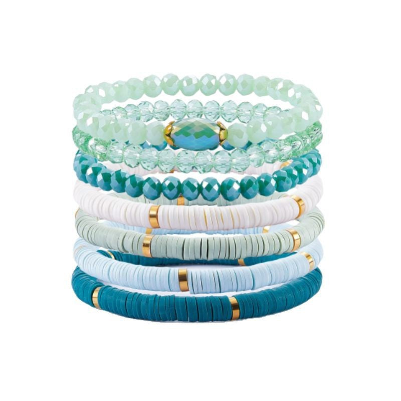 Women's Layered Soft Clay Bracelet Set of Seven Elastic Cord Friendship Bracelets Bohemian Crystal Soft Clay Bracelets
