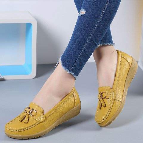 Soft Sole Loafers for Women, Waterproof Leather Casual Wedge Flat Shoes with Rubber Sole for Middle-Aged Moms