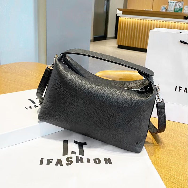 Women's Genuine Leather Bag2025New Style Lunch Box Bento Boston Bag Top Layer Cowhide Crossbody Niche Single Shoulder Crossbody