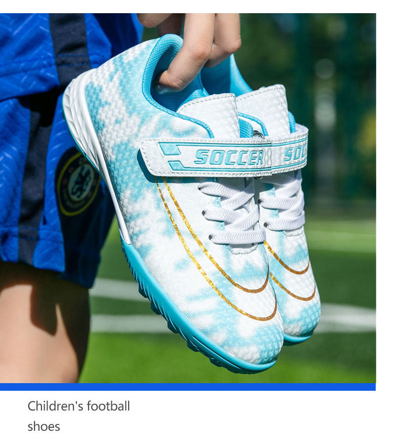 New Football Shoes for Men and Women, Children's Low-top Anti-collision Spike Magic Tape No-tie Grass Training Sports Shoes