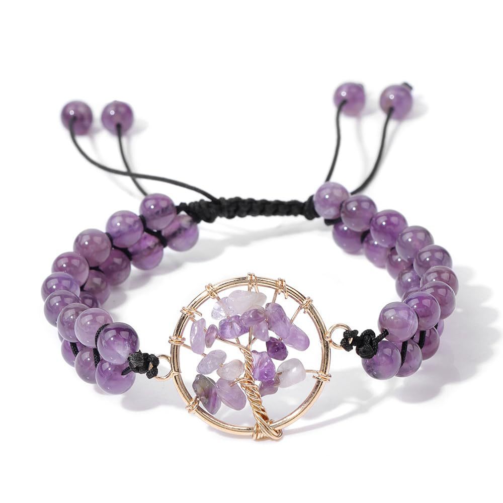 Double Row Braided Amethyst Bracelet Crushed Stone Tree of Life gold Wire Wrapped Adjustable Green Aventurine Tree of Life Bracelet