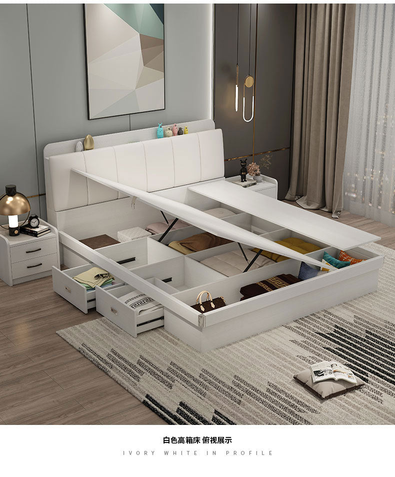 Modern Simple Light Luxury Master Bedroom Bed Set Wedding Bed1.5Rice1.8Double White Leather Soft Cover High Box Storage Bed
