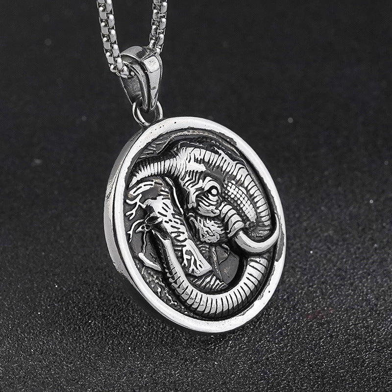Men's Unique Titanium Steel Pendant Retro Animal Shape Necklace Jewelry Stainless Steel Round Elephant Pendant Wholesale