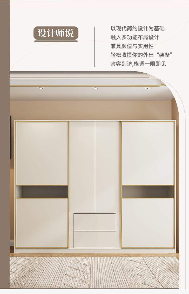 Cream Style Solid Wood Sliding Door Wardrobe for Home Bedroom with Hanging Area, Multiple Storage Cabinets, and Segmented Large Wardrobe