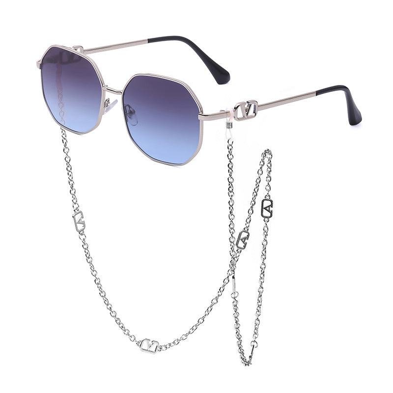 Chain Sunglasses for Women, Internet Celebrity Style, Anti-Drop Chain, Irregular Polygonal Full Frame Sunglasses for Women, Trendy
