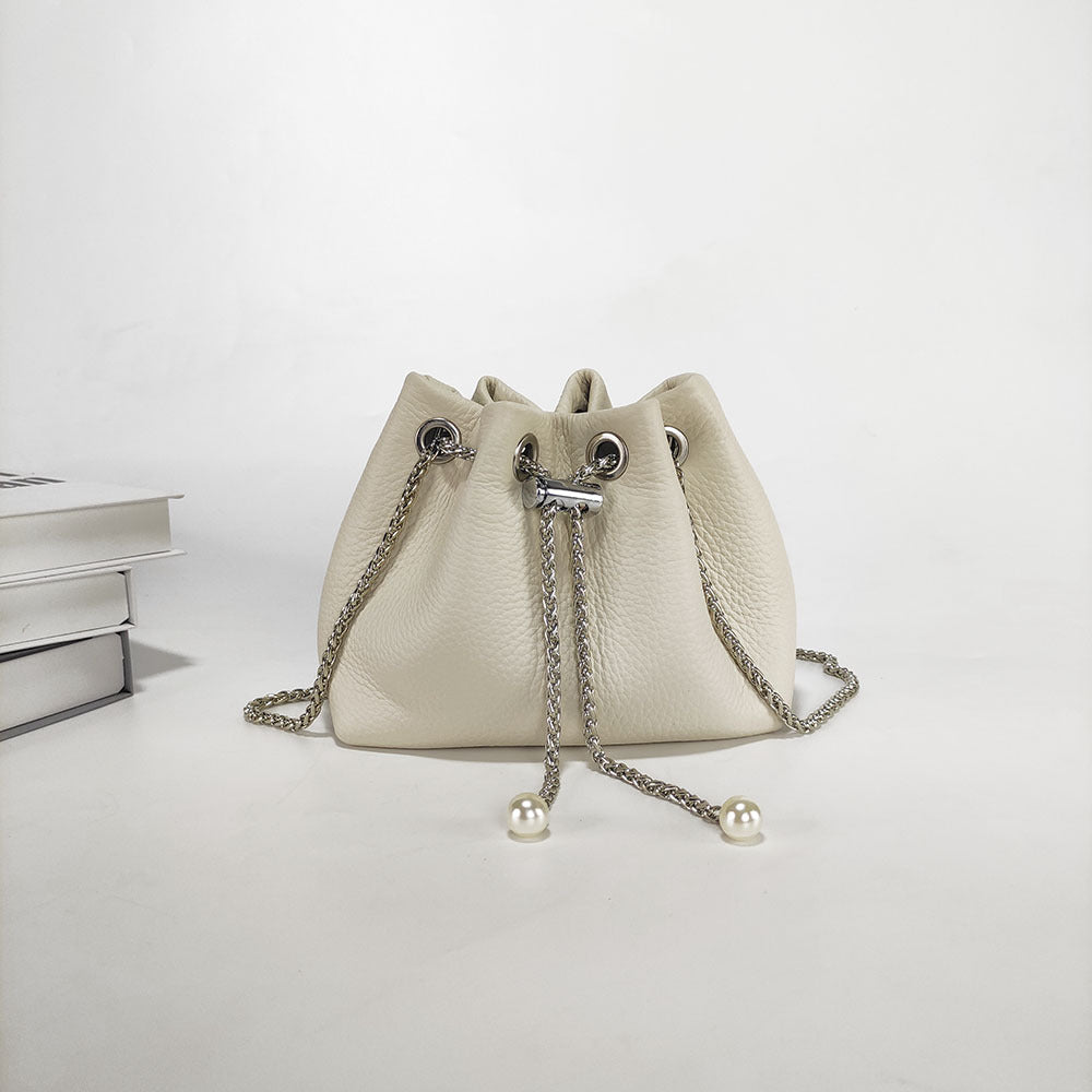 Niche Genuine Leather Bucket Bag for Women2024New Mini Small Bag Top Layer Cowhide Autumn Chain Shoulder Crossbody Bag