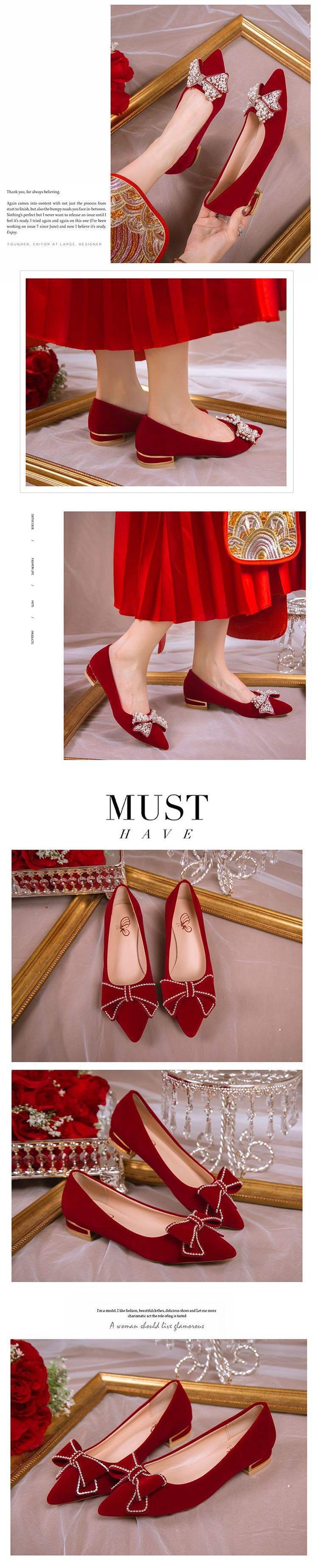 Wedding Shoes for Women Bride Low Heel Chinese Style Xiuhe Wedding Dress Two-Way Toast Red High Heel Maternity3Flat shoes that don't tire your feet