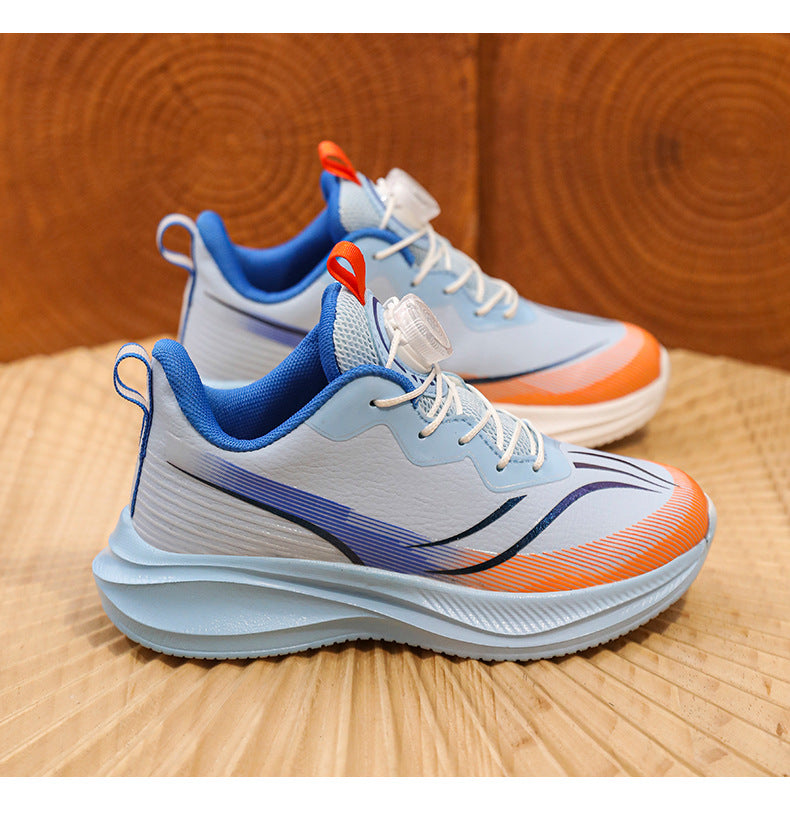 Red Rabbit Rotating Button Children's Shoes Leather Surface Waterproof Middle and Large Children Student Running Shoes Shock Absorption Lightweight Sports Shoes Comfortable