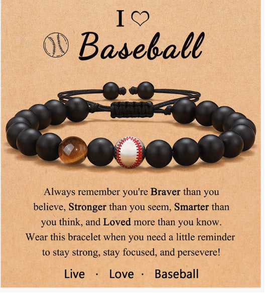 Football Beaded Bracelet to my son Gift Black Matte Coach Bracelet Tiger Eye Stone Baseball Woven Bracelet